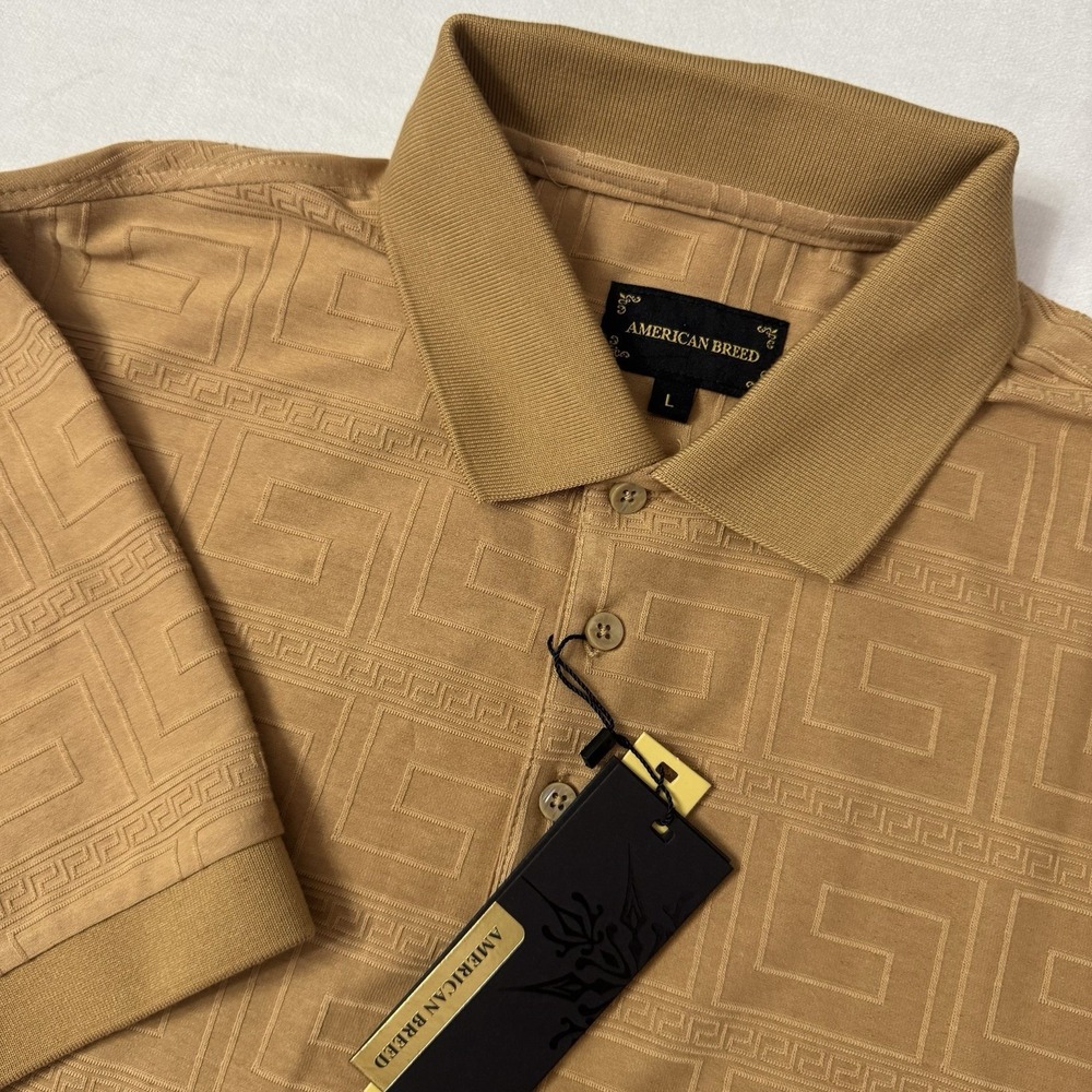American Breed Polo Shirt Greek Key Mens L (Fit M) Khaki Stretch Luxury Pattern